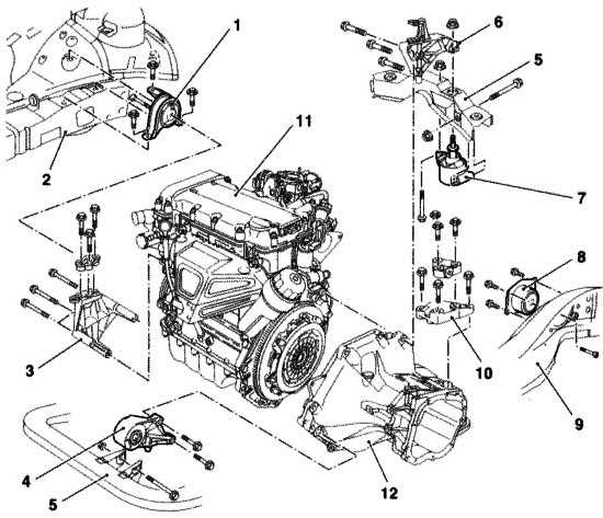 Монтаж и демонтаж правой опоры двигателя вместе с креплением opel combo / combo tour / corsa c / meriva с 2000 года (рестайлинг 2003 года)